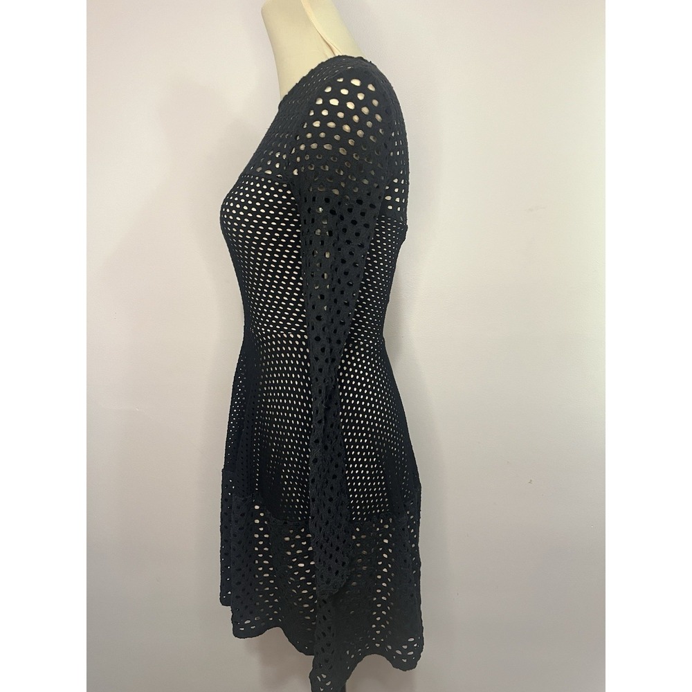 BCBG MAXAZRIA Black Mesh Eyelet Long Sleeve Fit Flare Dress XS Gothic Cocktail - Picture 4 of 14